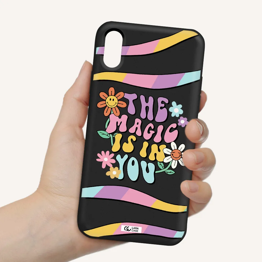a cartoon text with flowers Apple iPhone X Silicone black Case