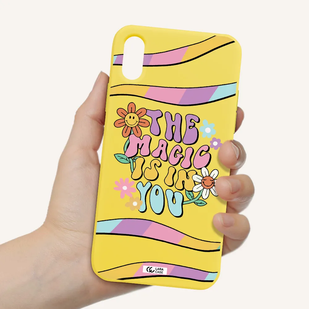 a cartoon text with flowers Apple iPhone X Silicone canary yellow Case