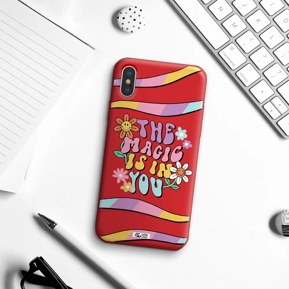 a cartoon text with flowers Apple iPhone X Silicone Imperial Red Case