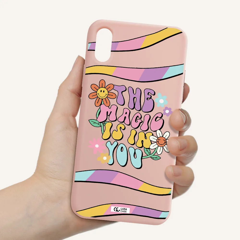 a cartoon text with flowers Apple iPhone X Silicone pastel pink Case