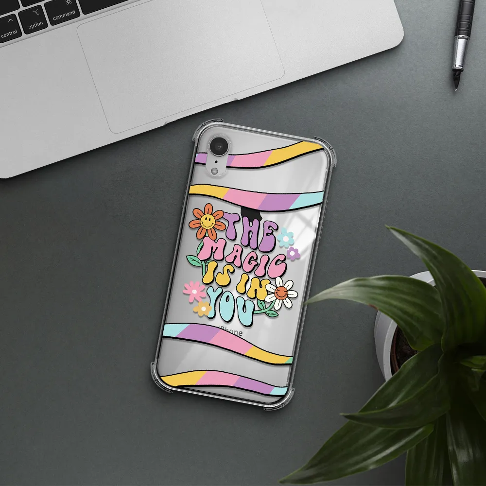 a cartoon text with flowers Apple iPhone XR Clear PC Case