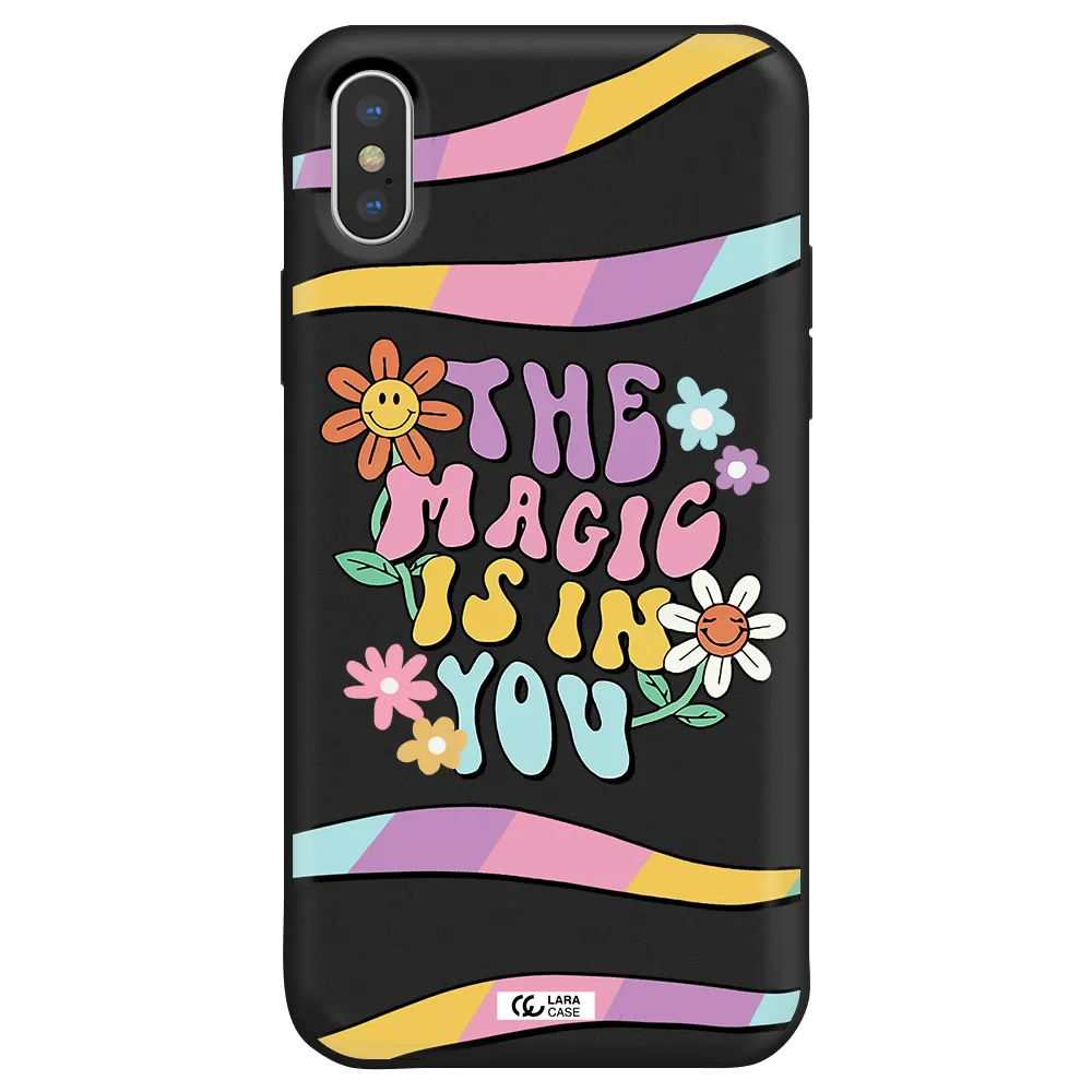 a cartoon text with flowers Apple iPhone XS Silicone black Case