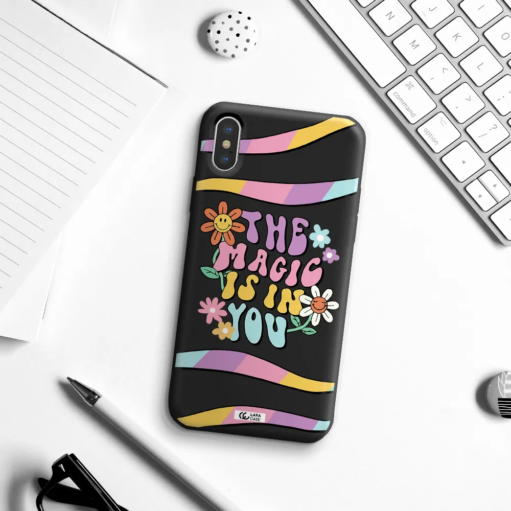 a cartoon text with flowers Apple iPhone XS Silicone black Case