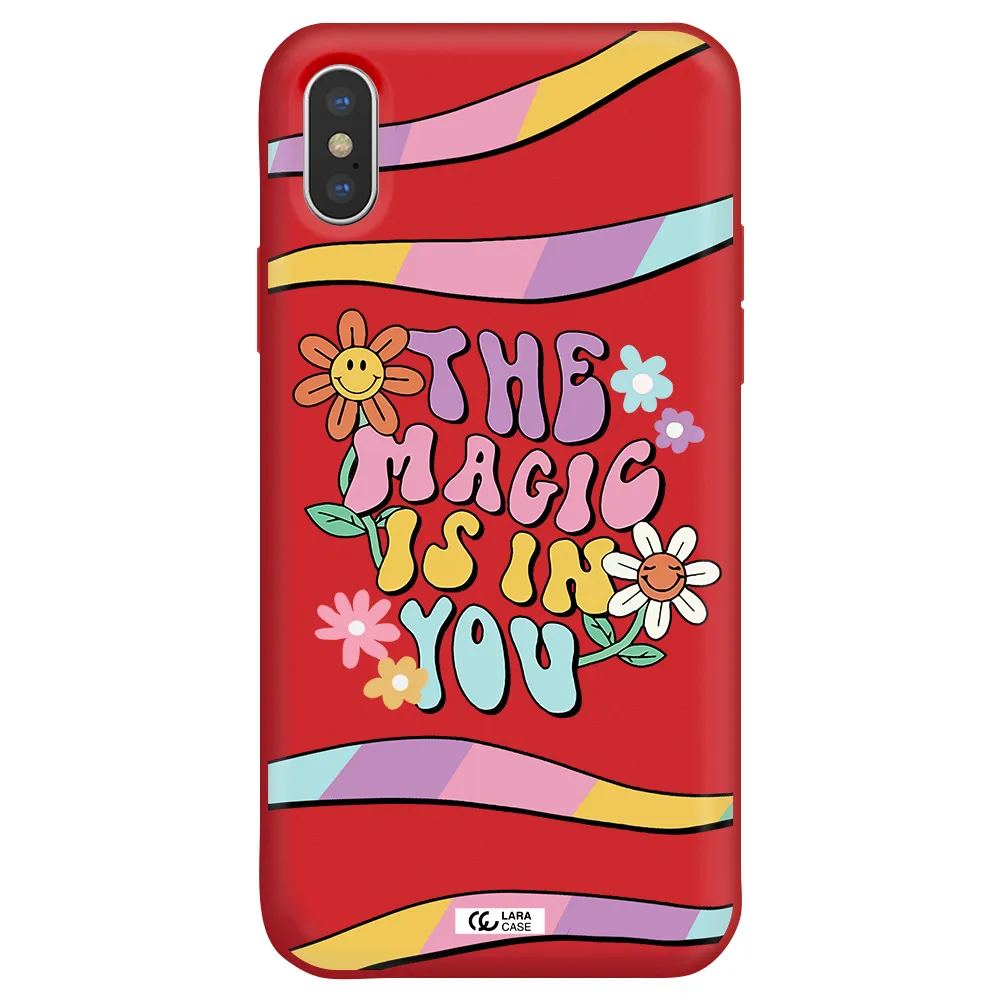 a cartoon text with flowers Apple iPhone XS Silicone Imperial Red Case