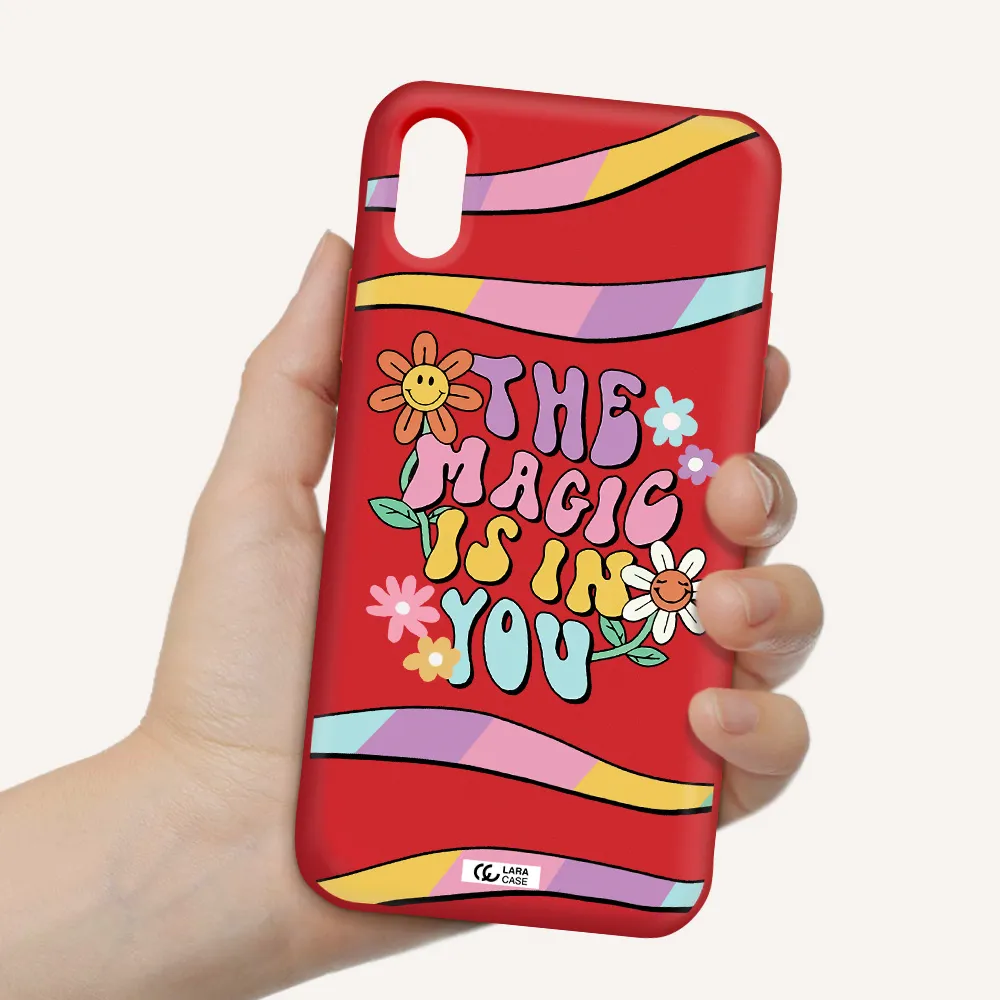 a cartoon text with flowers Apple iPhone XS Silicone Imperial Red Case