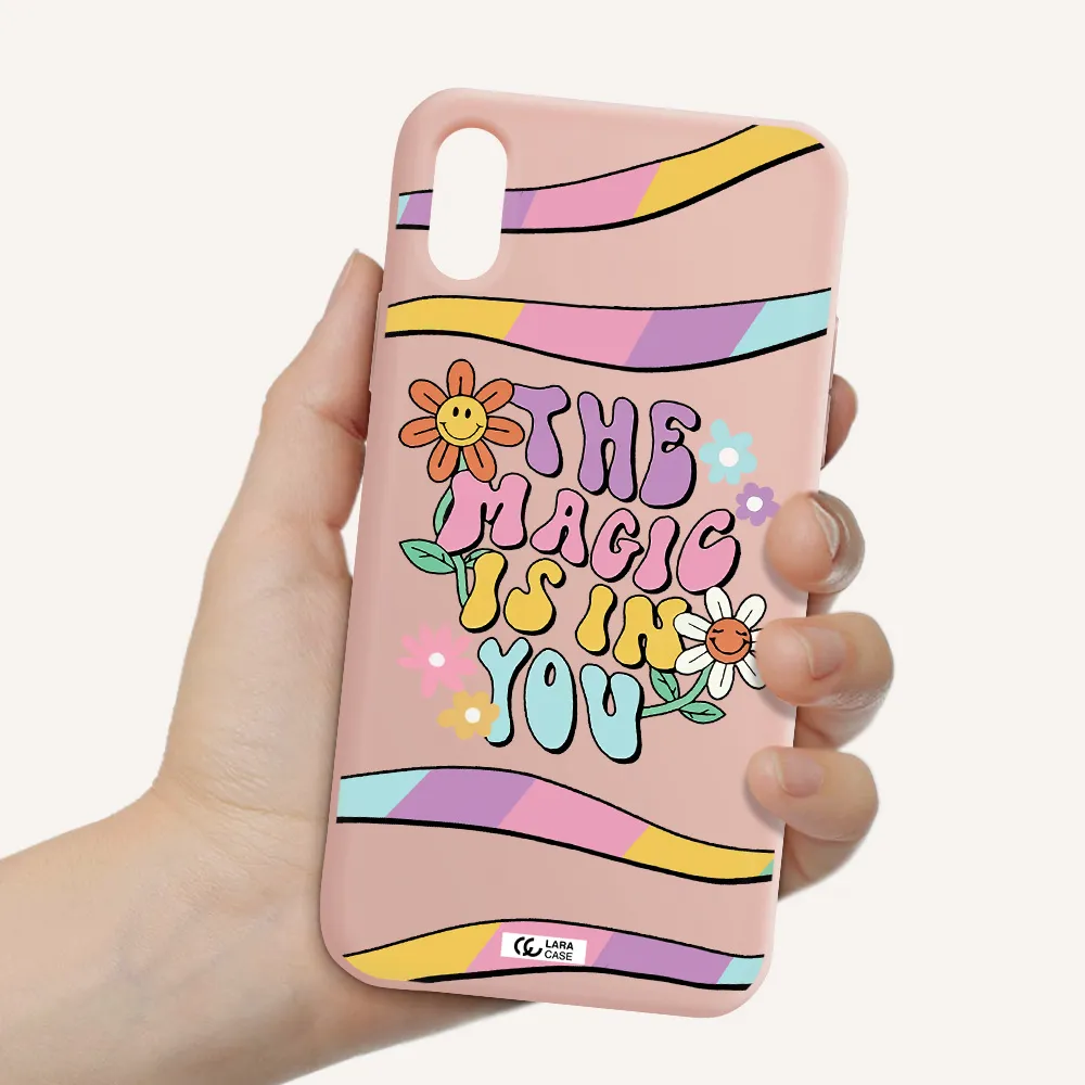 a cartoon text with flowers Apple iPhone XS Silicone pastel pink Case