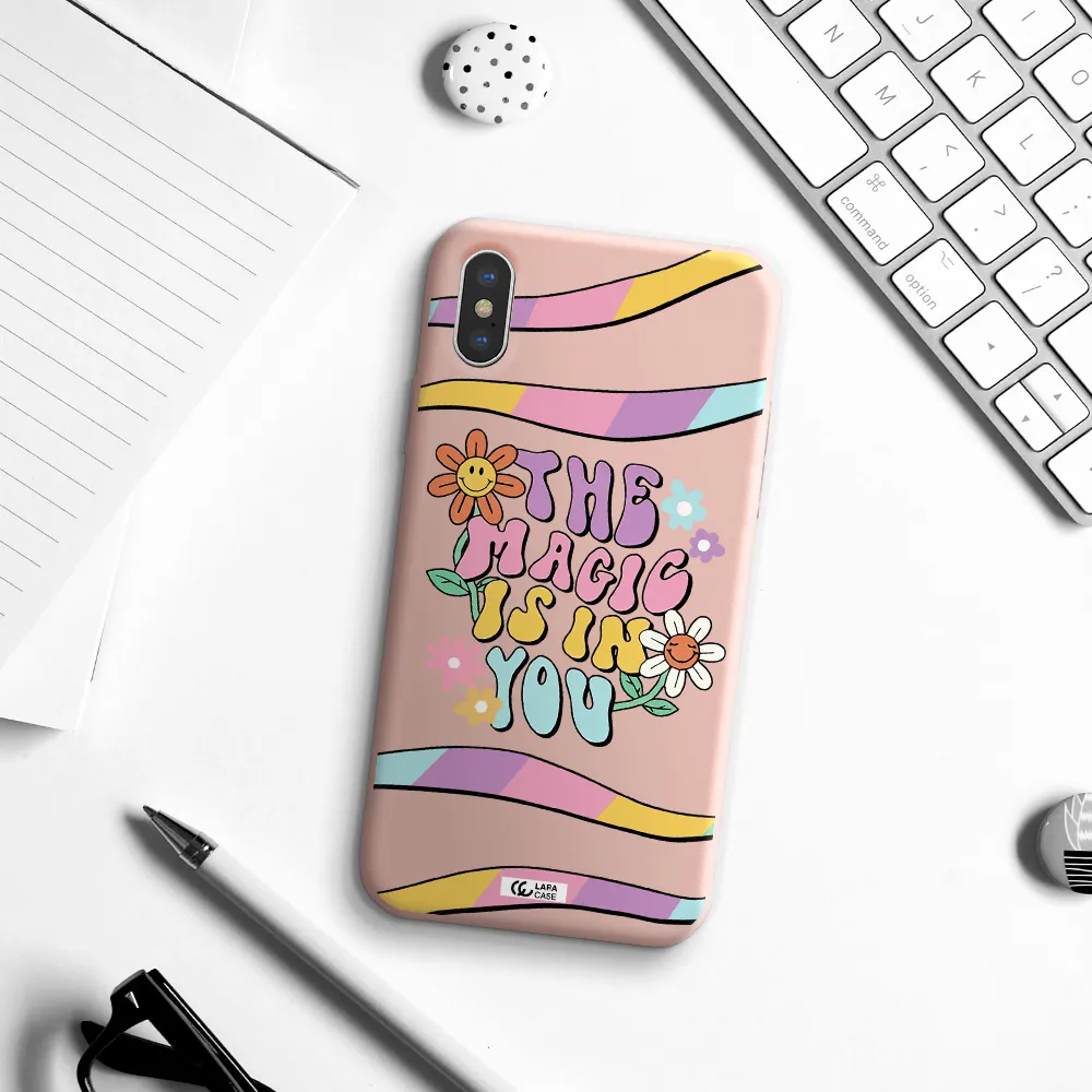 a cartoon text with flowers Apple iPhone XS Silicone pastel pink Case