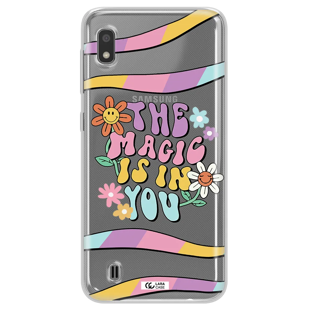 a cartoon text with flowers Samsung A10 Clear TPU Case