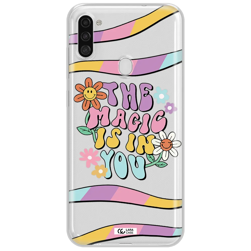 a cartoon text with flowers Samsung A11 Clear TPU Case