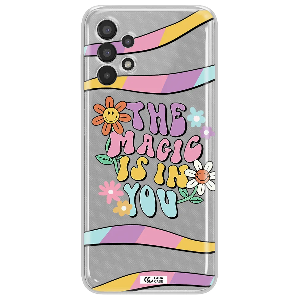 a cartoon text with flowers Samsung A13 Clear TPU Case