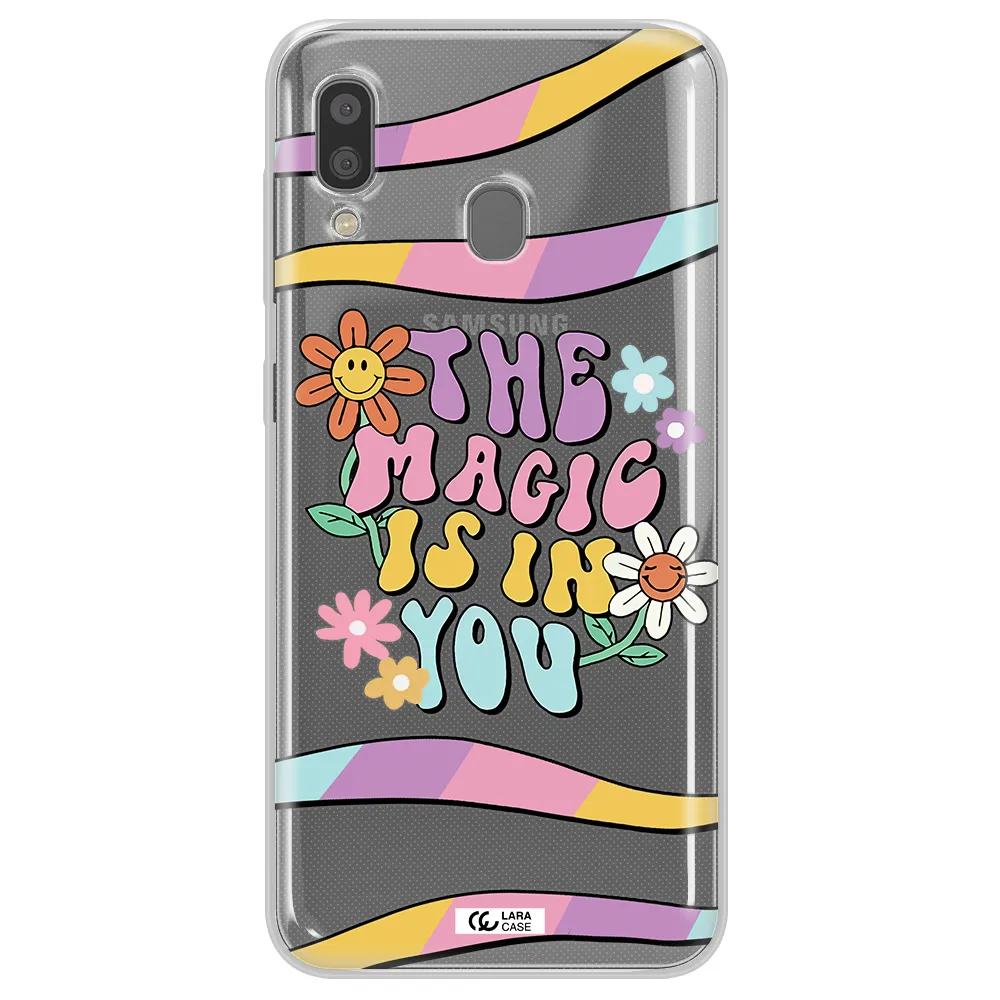 a cartoon text with flowers Samsung A20 Clear TPU Case
