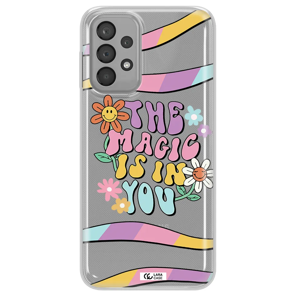 a cartoon text with flowers Samsung A23 Clear TPU Case