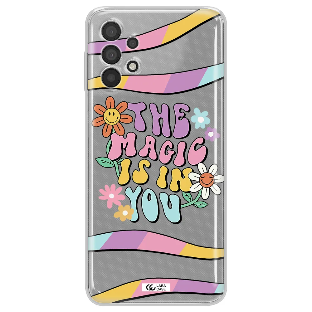 a cartoon text with flowers Samsung A32 Clear TPU Case