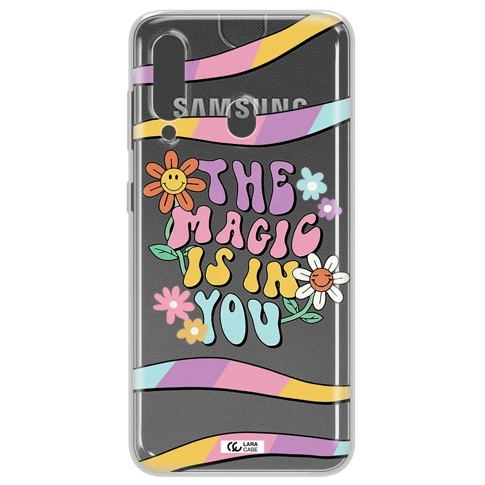 a cartoon text with flowers Samsung A60 Clear TPU Case