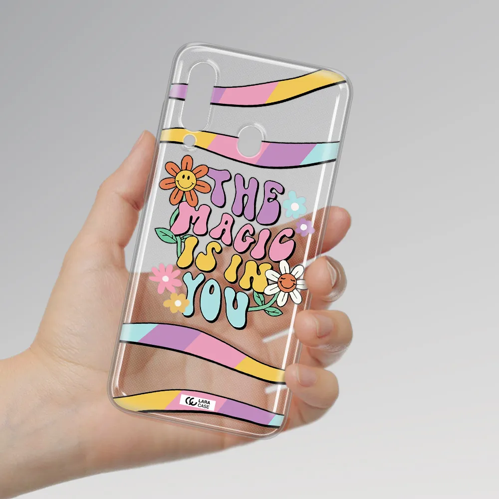 a cartoon text with flowers Samsung A60 Clear TPU Case