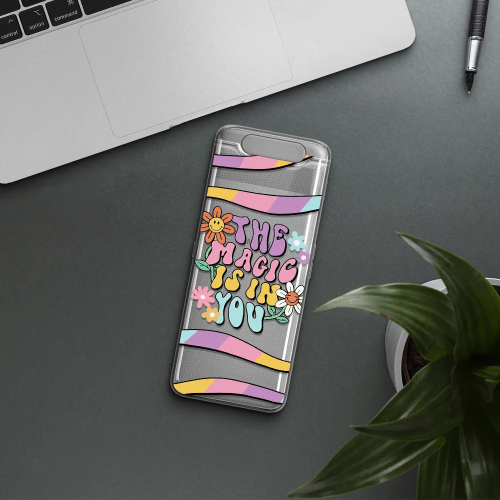 a cartoon text with flowers Samsung A80 Clear TPU Case