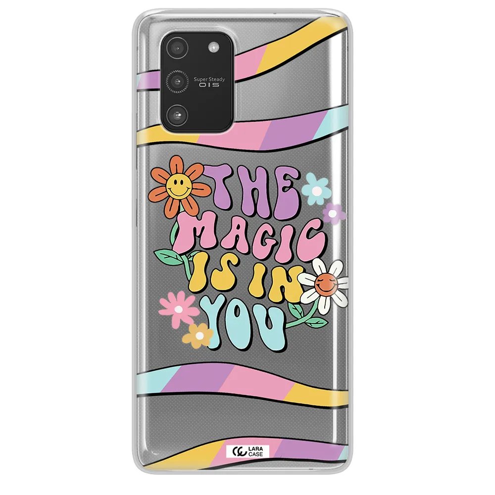 a cartoon text with flowers Samsung A91 Clear TPU Case