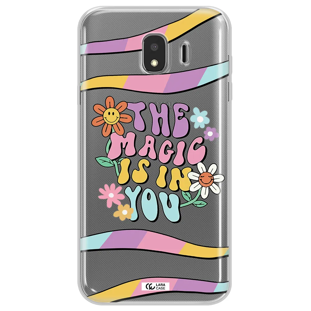 a cartoon text with flowers Samsung J4 Clear TPU Case