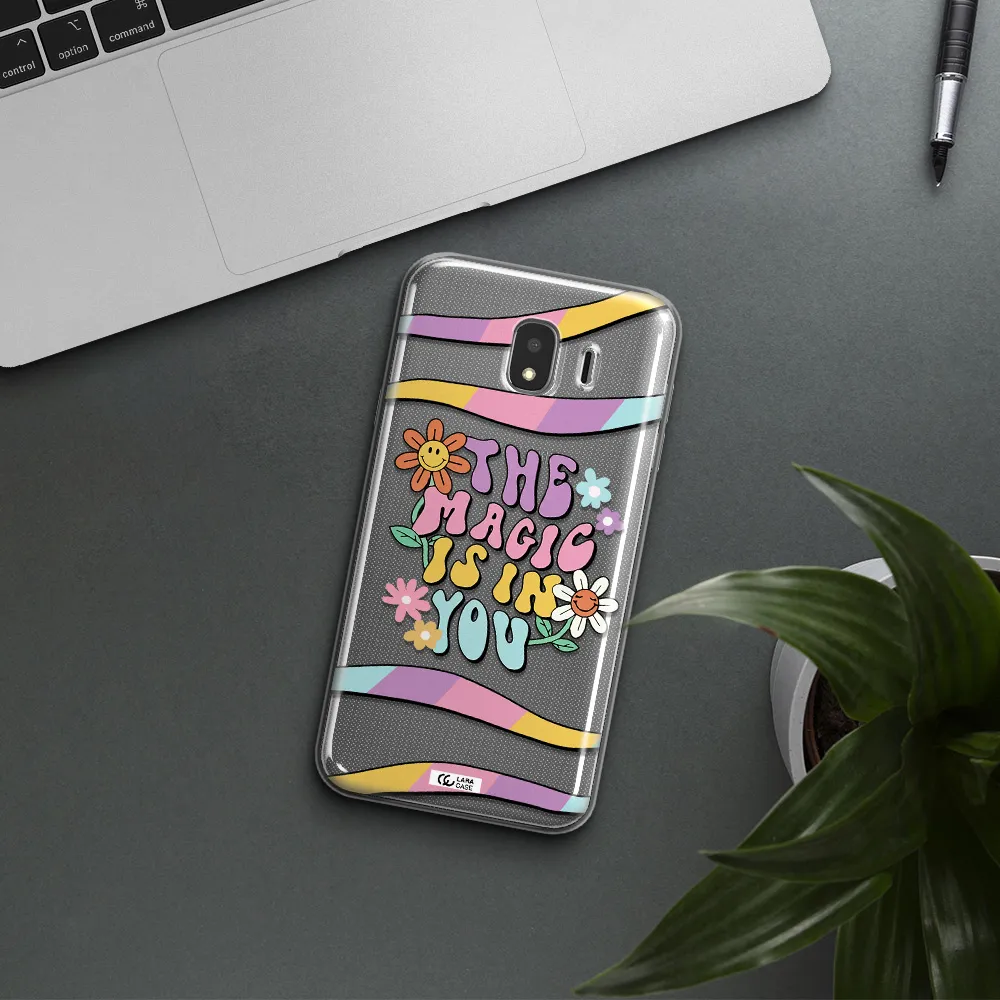 a cartoon text with flowers Samsung J4 Clear TPU Case