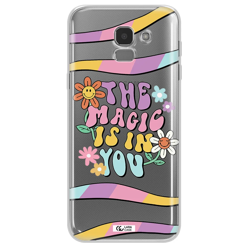 a cartoon text with flowers Samsung J6 Clear TPU Case