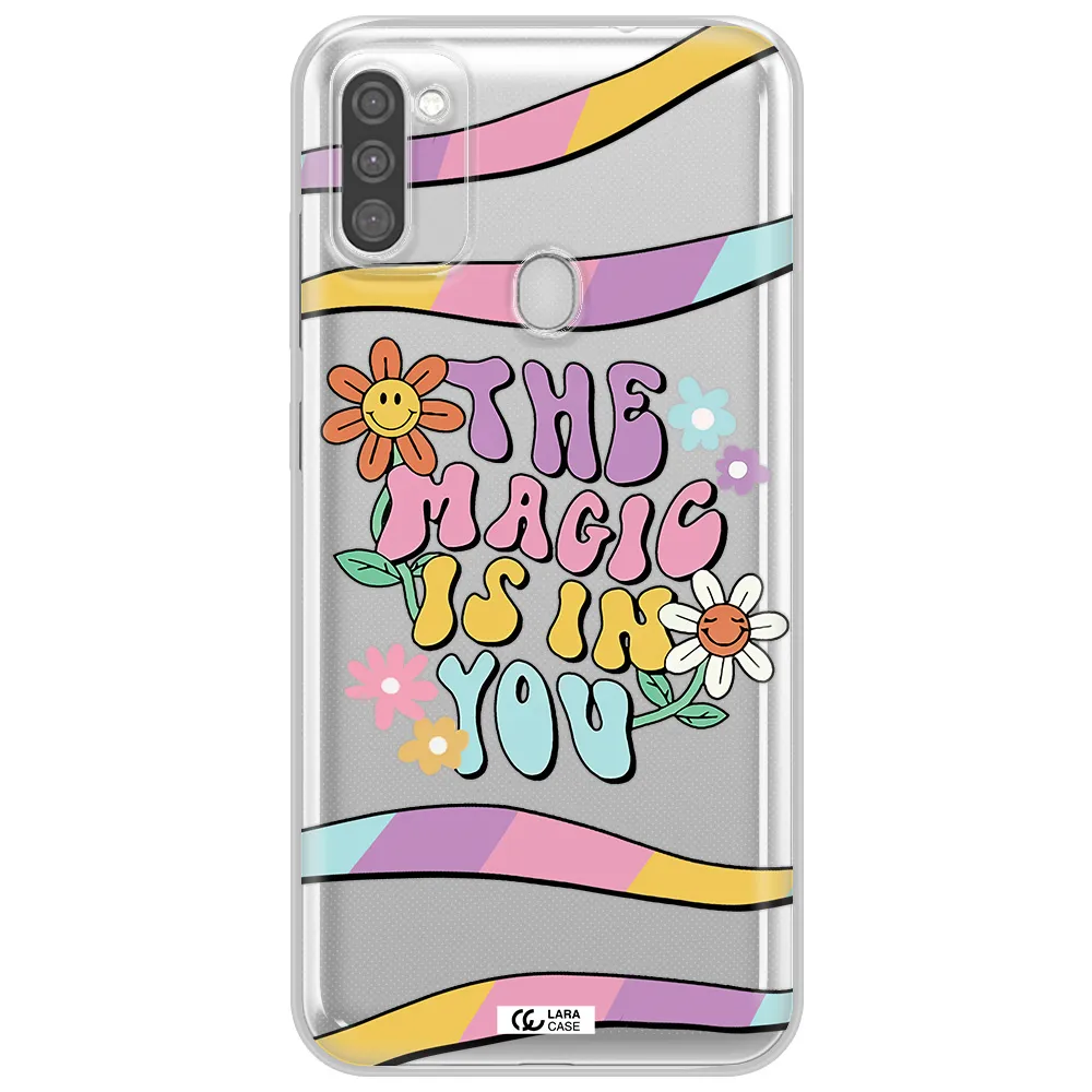 a cartoon text with flowers Samsung M11 Clear TPU Case
