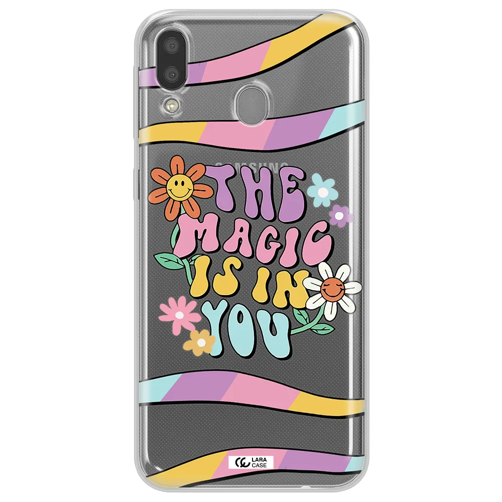 a cartoon text with flowers Samsung M20 Clear TPU Case