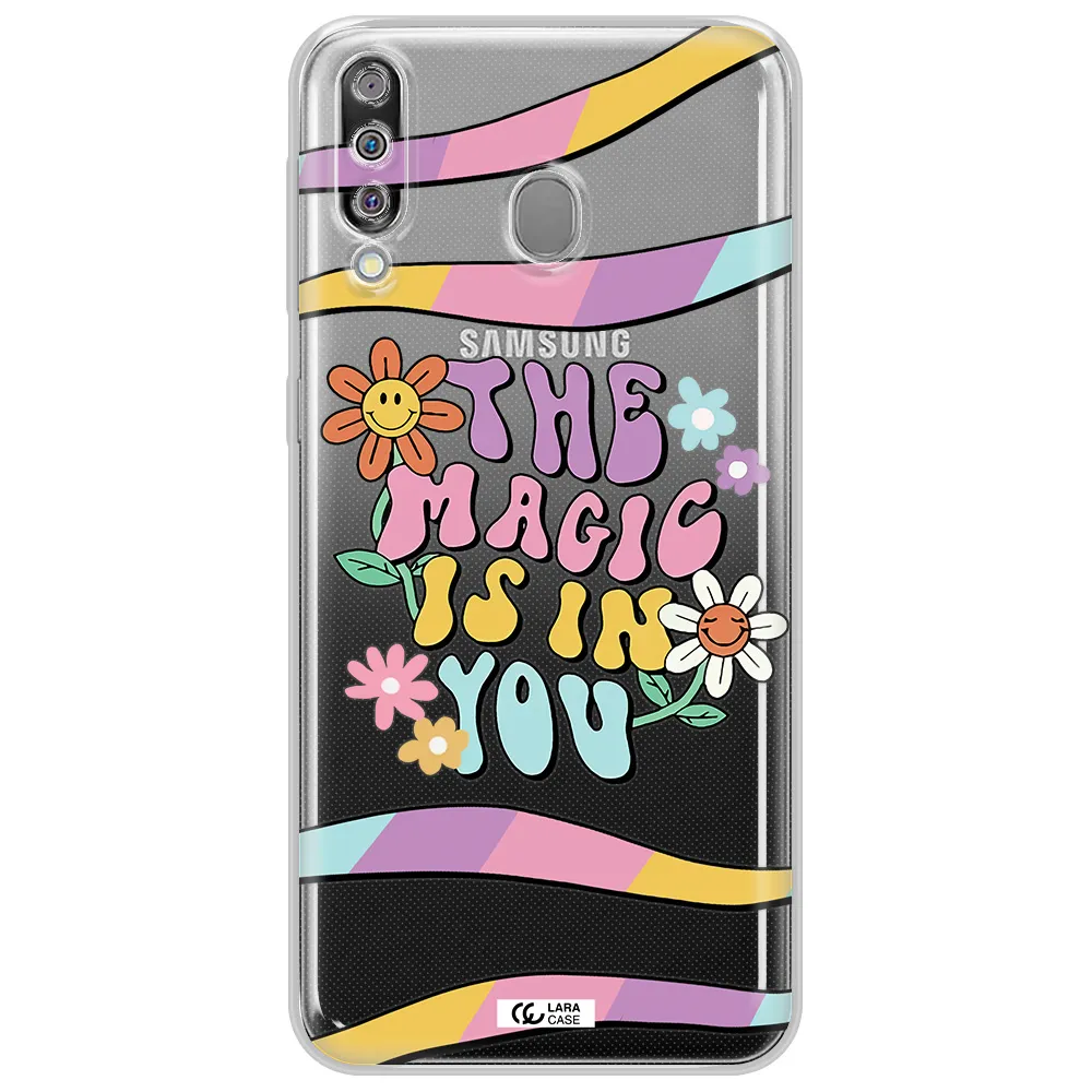 a cartoon text with flowers Samsung M30 Clear TPU Case