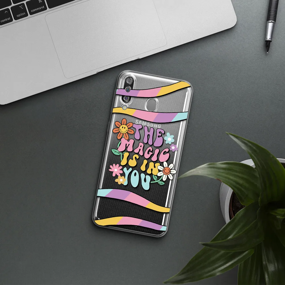 a cartoon text with flowers Samsung M30 Clear TPU Case