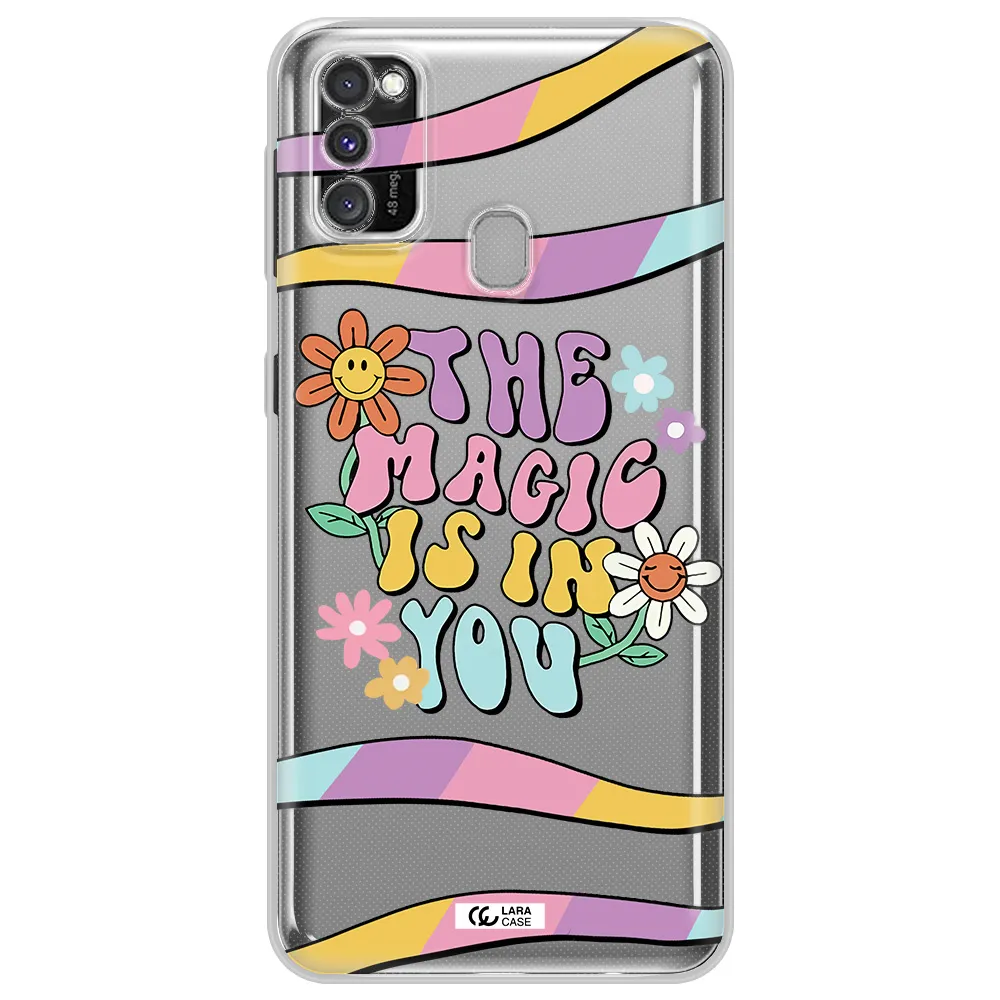 a cartoon text with flowers Samsung M30S Clear TPU Case