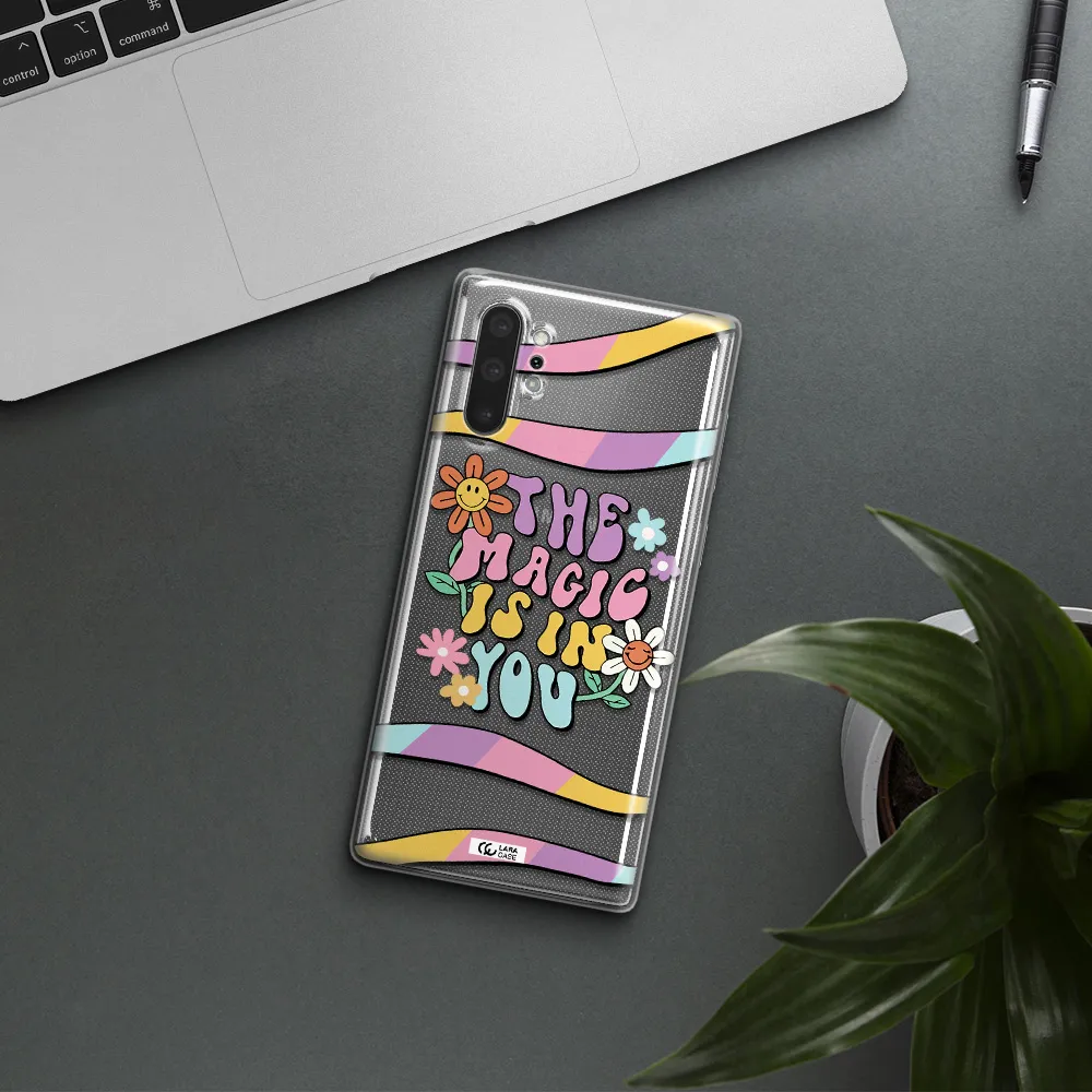 a cartoon text with flowers Samsung Note 10 Plus Clear TPU Case