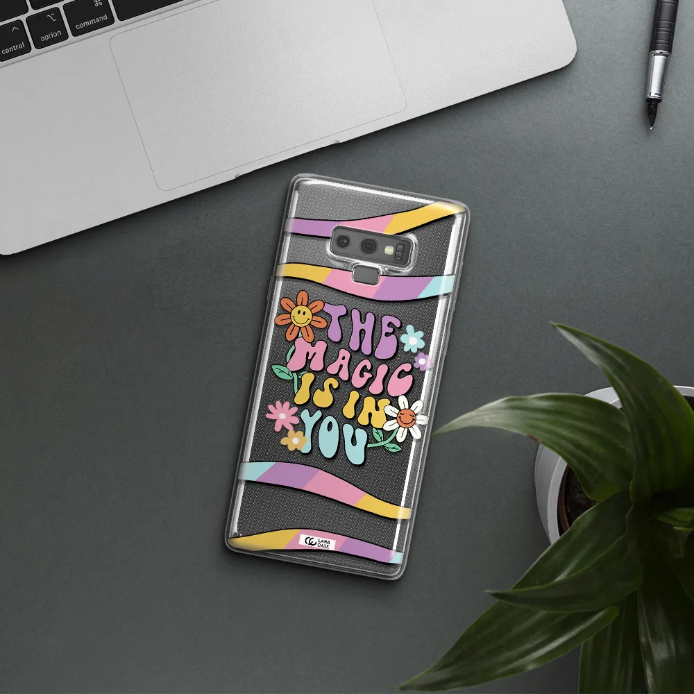 a cartoon text with flowers Samsung Note 9 Clear TPU Case