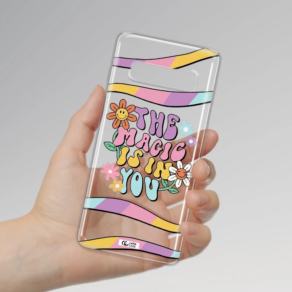 a cartoon text with flowers Samsung S10 Plus Clear TPU Case