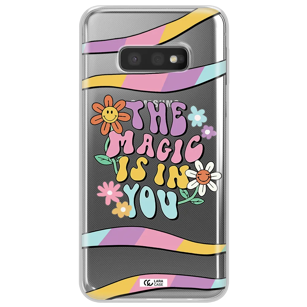 a cartoon text with flowers Samsung S10e Clear TPU Case