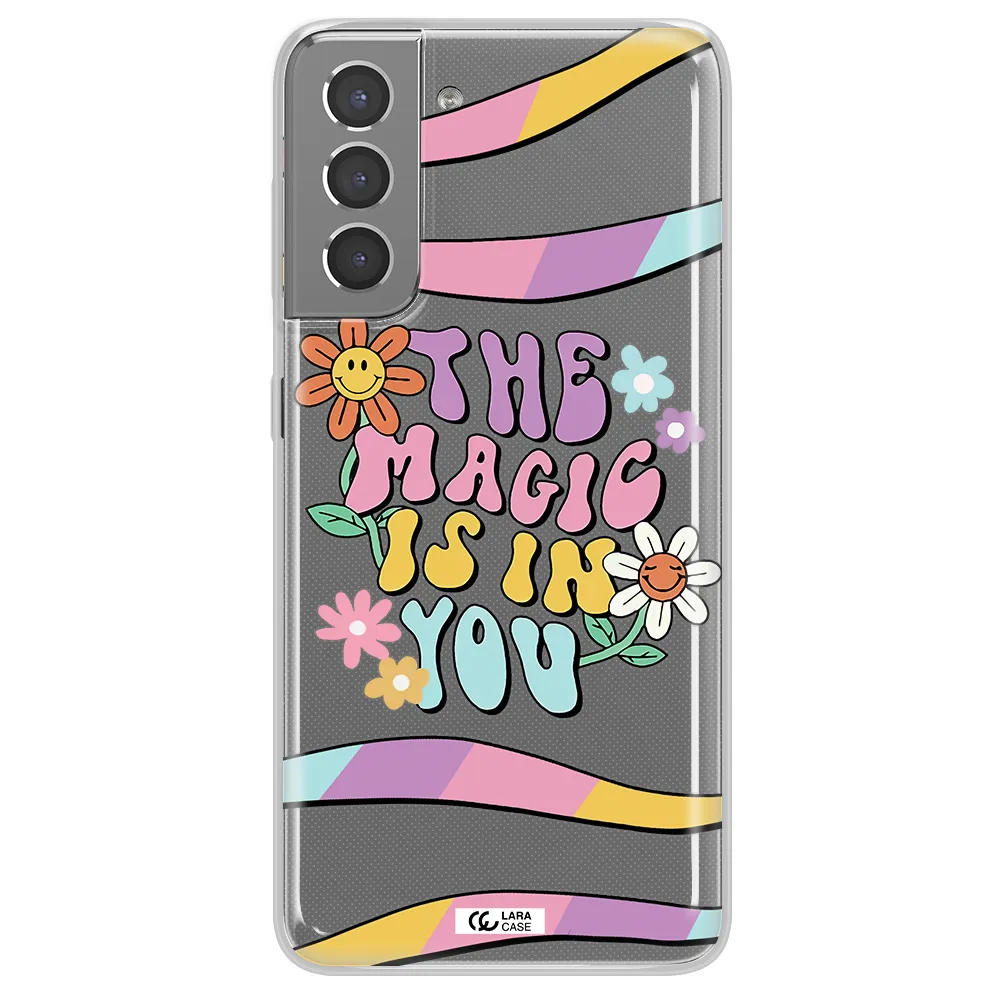 a cartoon text with flowers Samsung S21 Plus Clear TPU Case