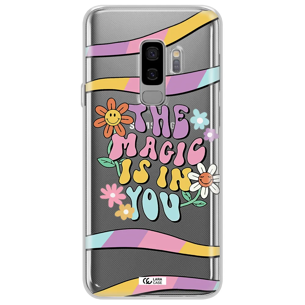 a cartoon text with flowers Samsung S9 Plus Clear TPU Case