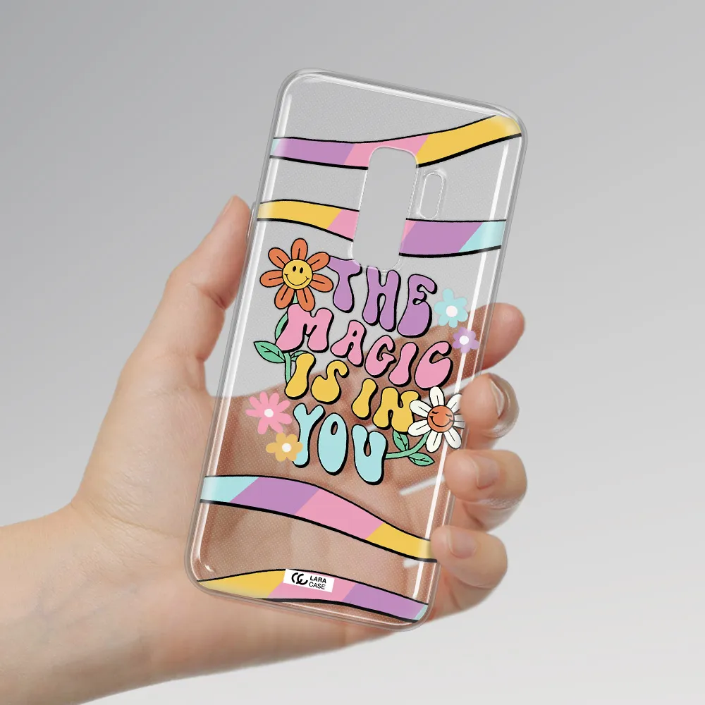a cartoon text with flowers Samsung S9 Plus Clear TPU Case
