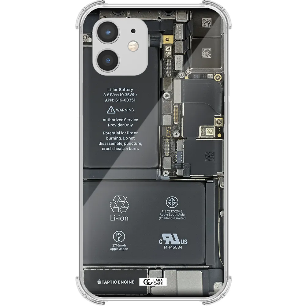 a close-up of a cell phone battery Apple iPhone 12 Clear PC Case