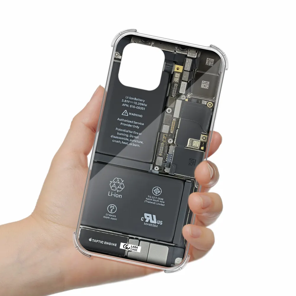 a close-up of a cell phone battery Apple iPhone 12 mini Clear PC Case