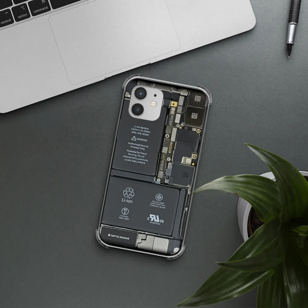 a close-up of a cell phone battery Apple iPhone 12 mini Clear PC Case