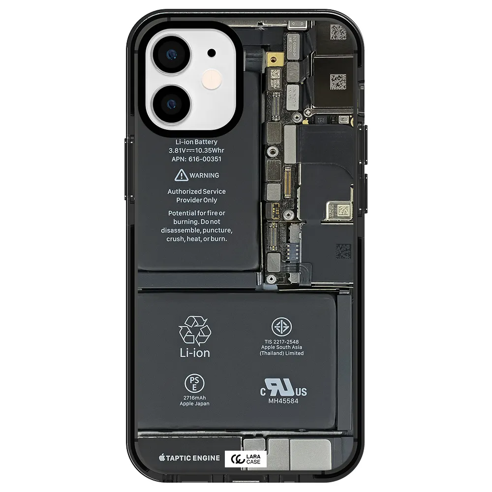 a close-up of a cell phone battery Apple iPhone 12 mini impact Smoke Black Case