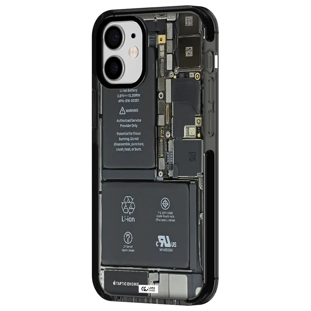 a close-up of a cell phone battery Apple iPhone 12 mini impact Smoke Black Case