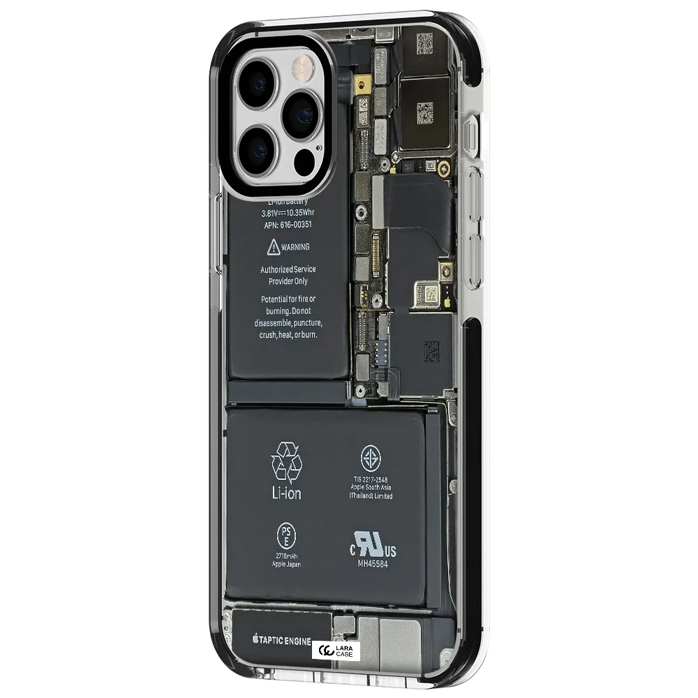 a close-up of a cell phone battery Apple iPhone 12 pro impact black border Case