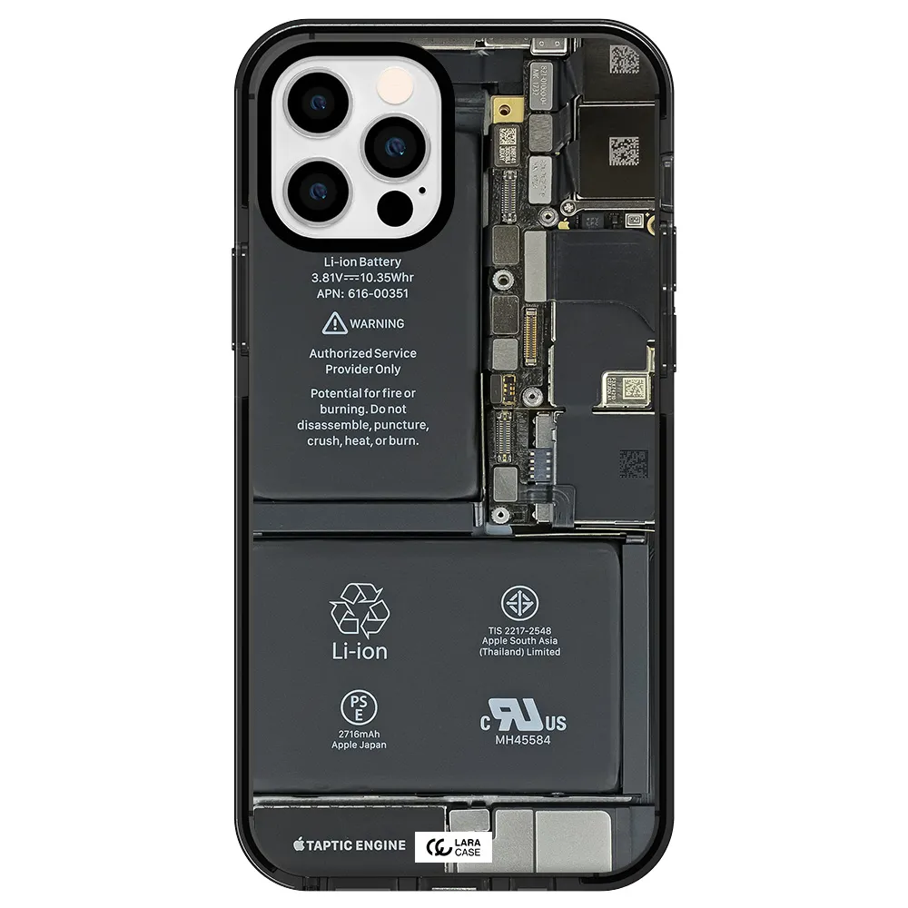 a close-up of a cell phone battery Apple iPhone 12 pro impact Smoke Black Case