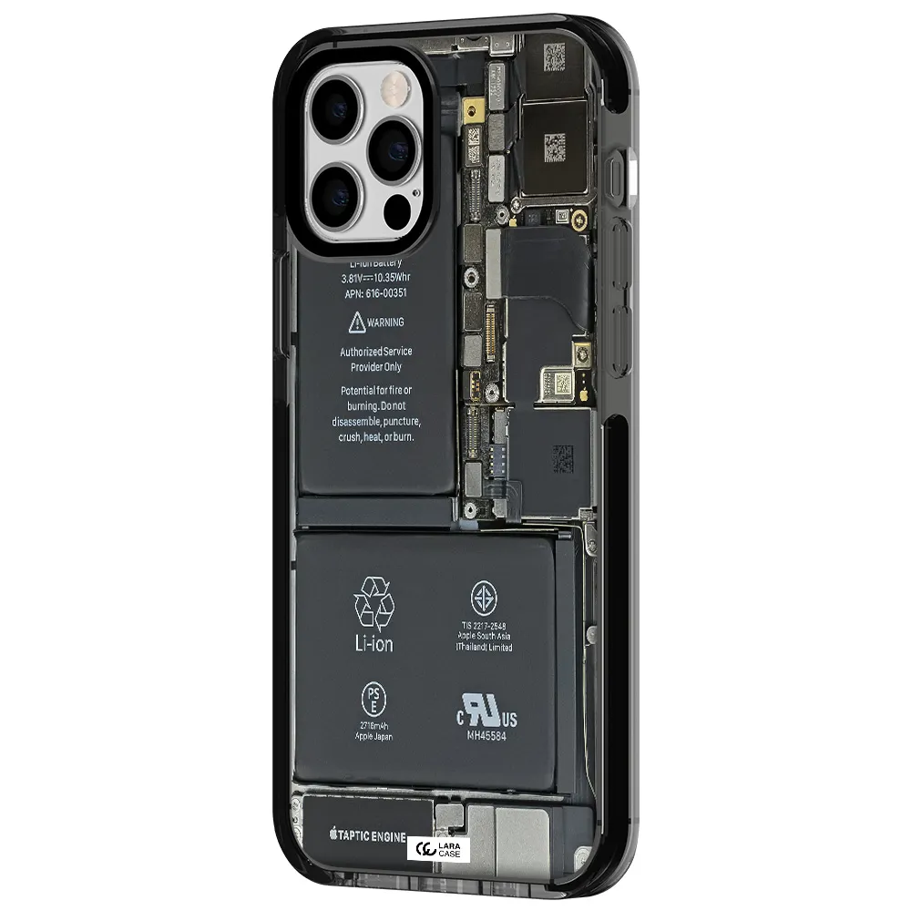 a close-up of a cell phone battery Apple iPhone 12 pro impact Smoke Black Case