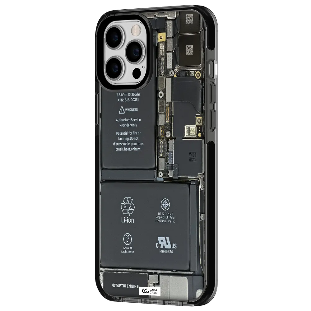 a close-up of a cell phone battery Apple iPhone 12 pro max impact Smoke Black Case