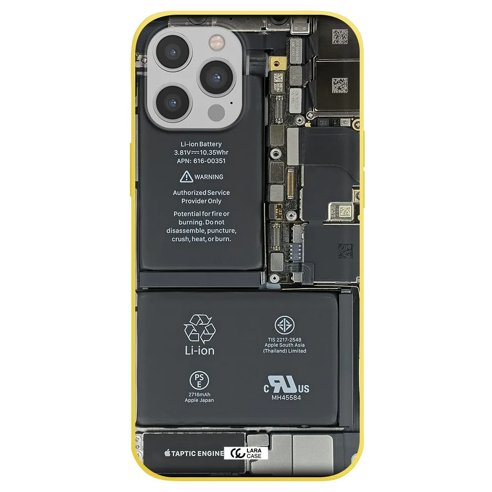 a close-up of a cell phone battery Apple iPhone 12 pro max Silicone canary yellow Case