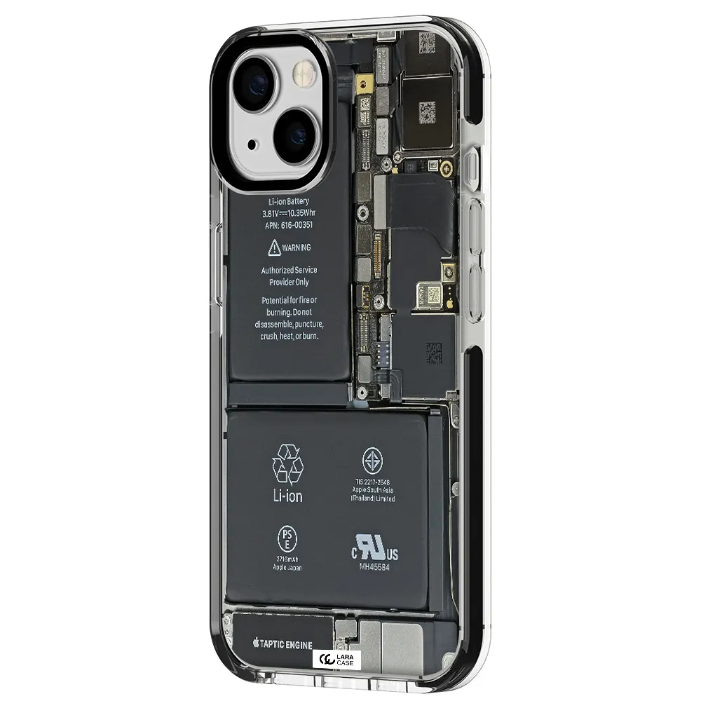 a close-up of a cell phone battery Apple iPhone 13 impact black border Case