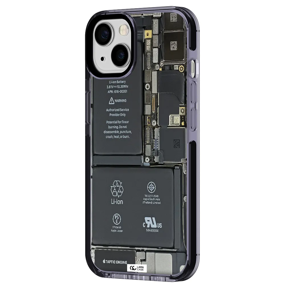 a close-up of a cell phone battery Apple iPhone 13 impact Lilac Case