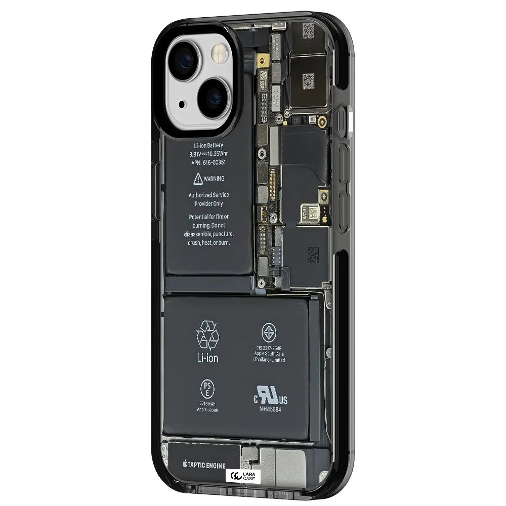 a close-up of a cell phone battery Apple iPhone 13 impact Smoke Black Case