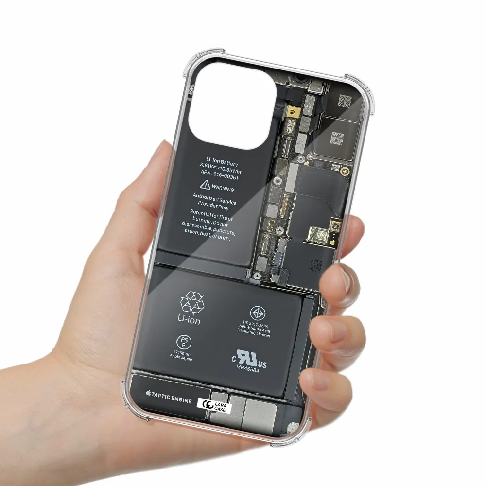 a close-up of a cell phone battery Apple iPhone 13 mini Clear PC Case